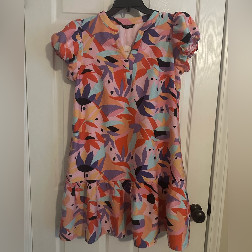 Colorful Floral Puff Sleeve Dress